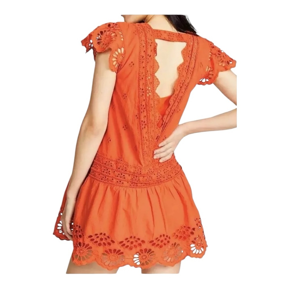 Free People Orange Esperanza Eyelet Boho Flowy Lace-Up Mini Dress Size XS - Picture 2 of 8